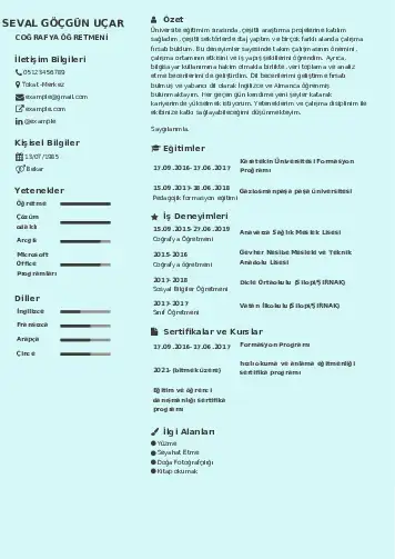 Coğrafya Öğretmeni CV Örnekleri cv indir